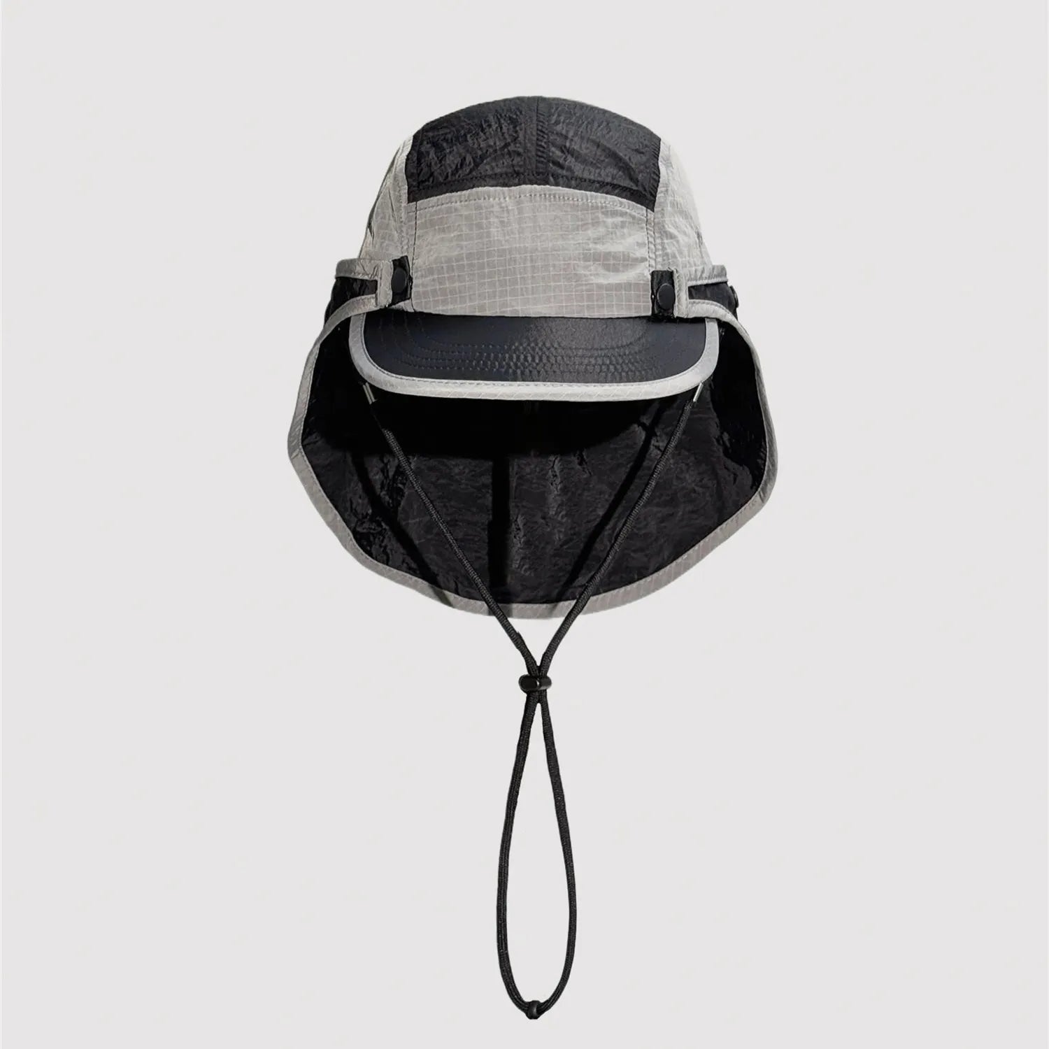Grey nylon neck flap sun cap with short brim and outdoor casual design