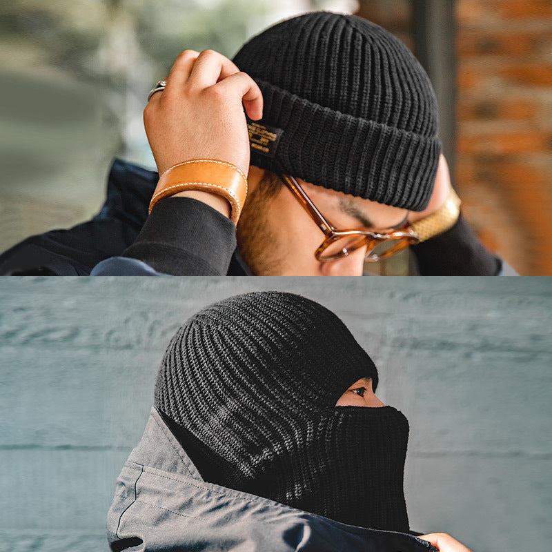 Comparison of a black cuffed knit beanie and balaclava face cover worn with outdoor clothing