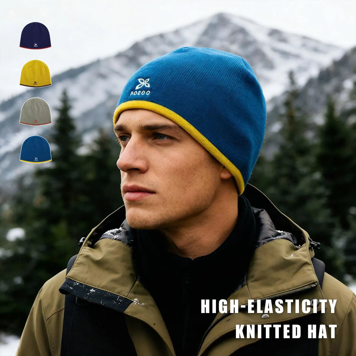Blue acrylic knit beanie worn for outdoor winter activities with contrast yellow trim