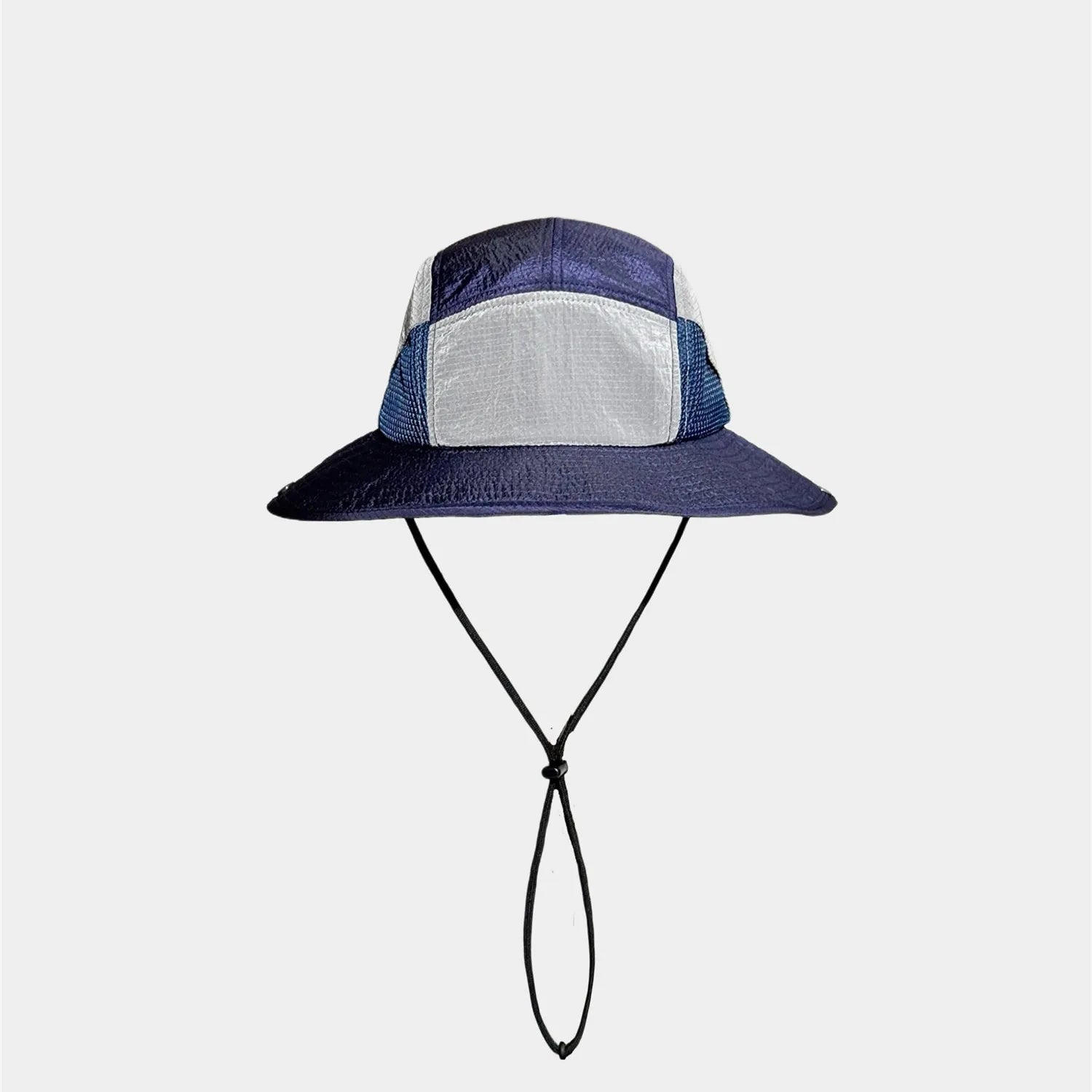 Blue and white nylon bucket hat back view with adjustable drawstring closure