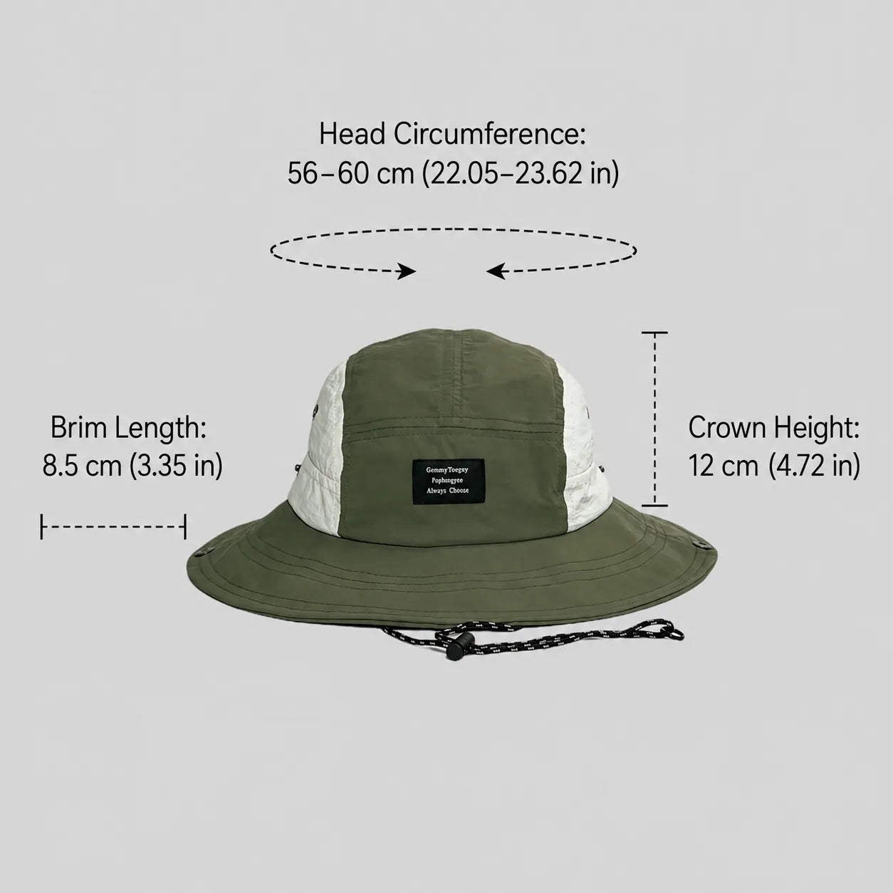 Olive green boonie hat size guide showing a 56–60 cm fit, 8.5 cm brim and 12 cm crown.