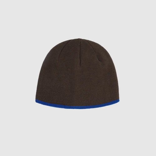 Dark brown acrylic beanie hat with fine knit texture and contrast colour hem