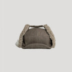Brown cotton linen aviator hat with sherpa ear flap lining and vintage winter style