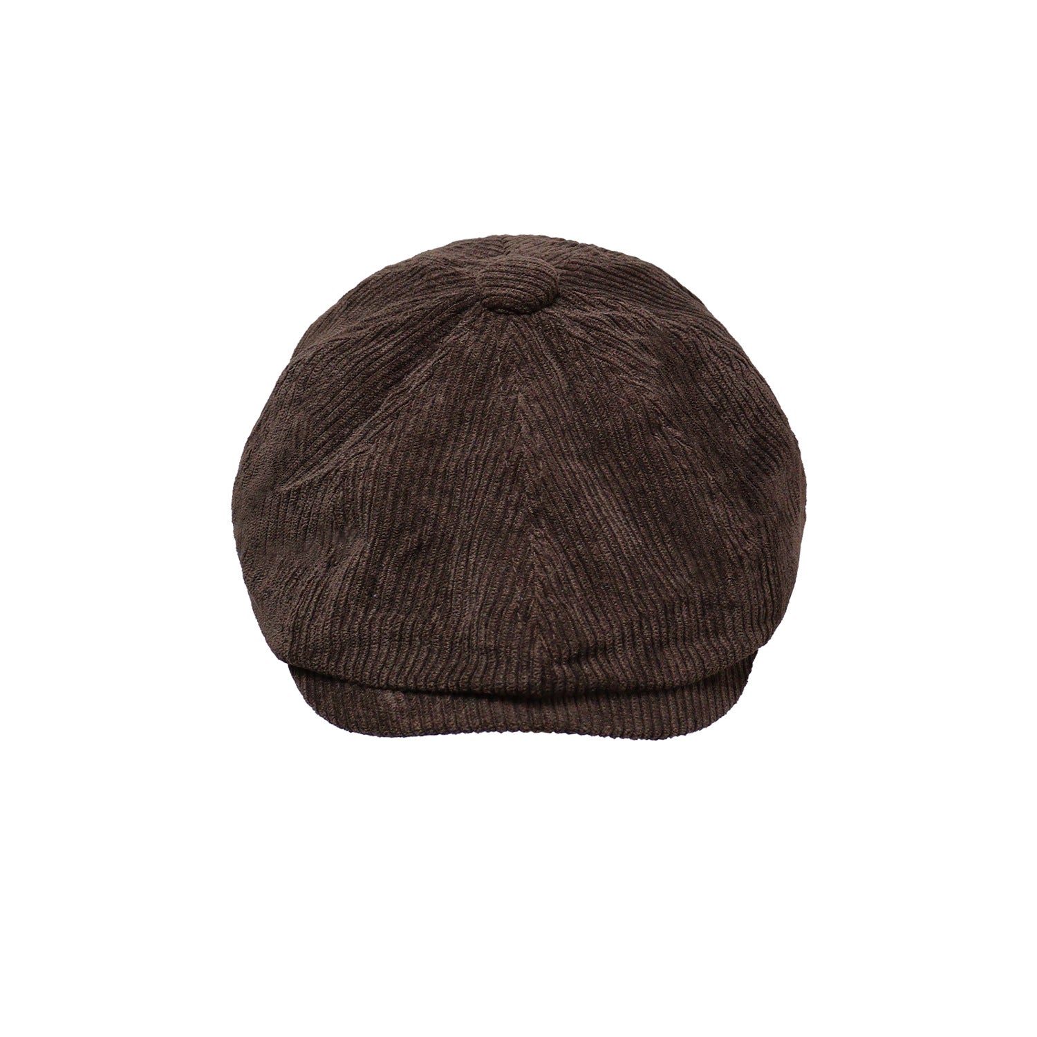 Front view of a brown corduroy eight-panel newsboy cap with a rounded crown, top button and short curved brim