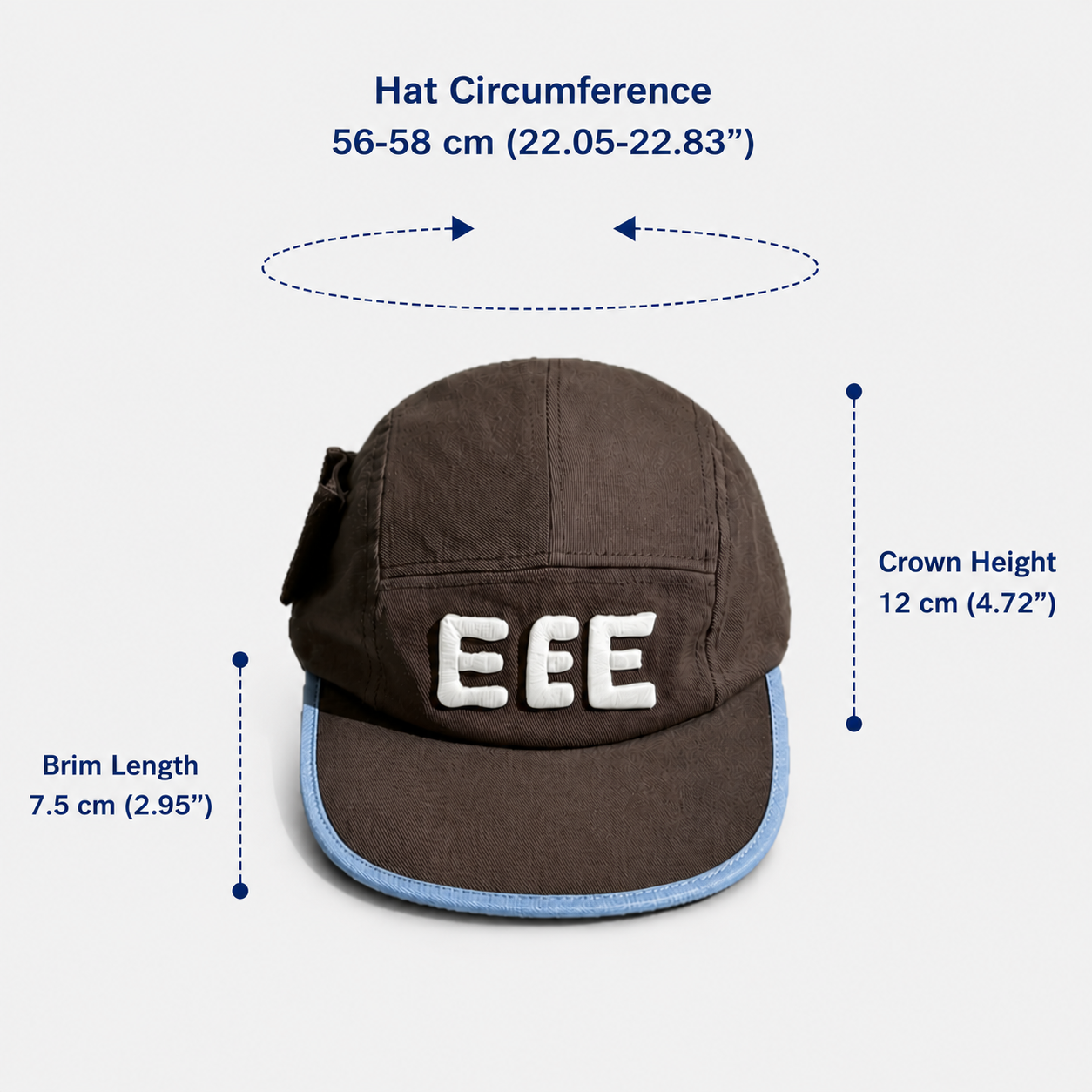 Brown five panel cap with white EEE embroidery, light blue brim trim and side pocket, featuring a 56–58 cm adjustable circumference, 12 cm crown height and 7.5 cm brim length.