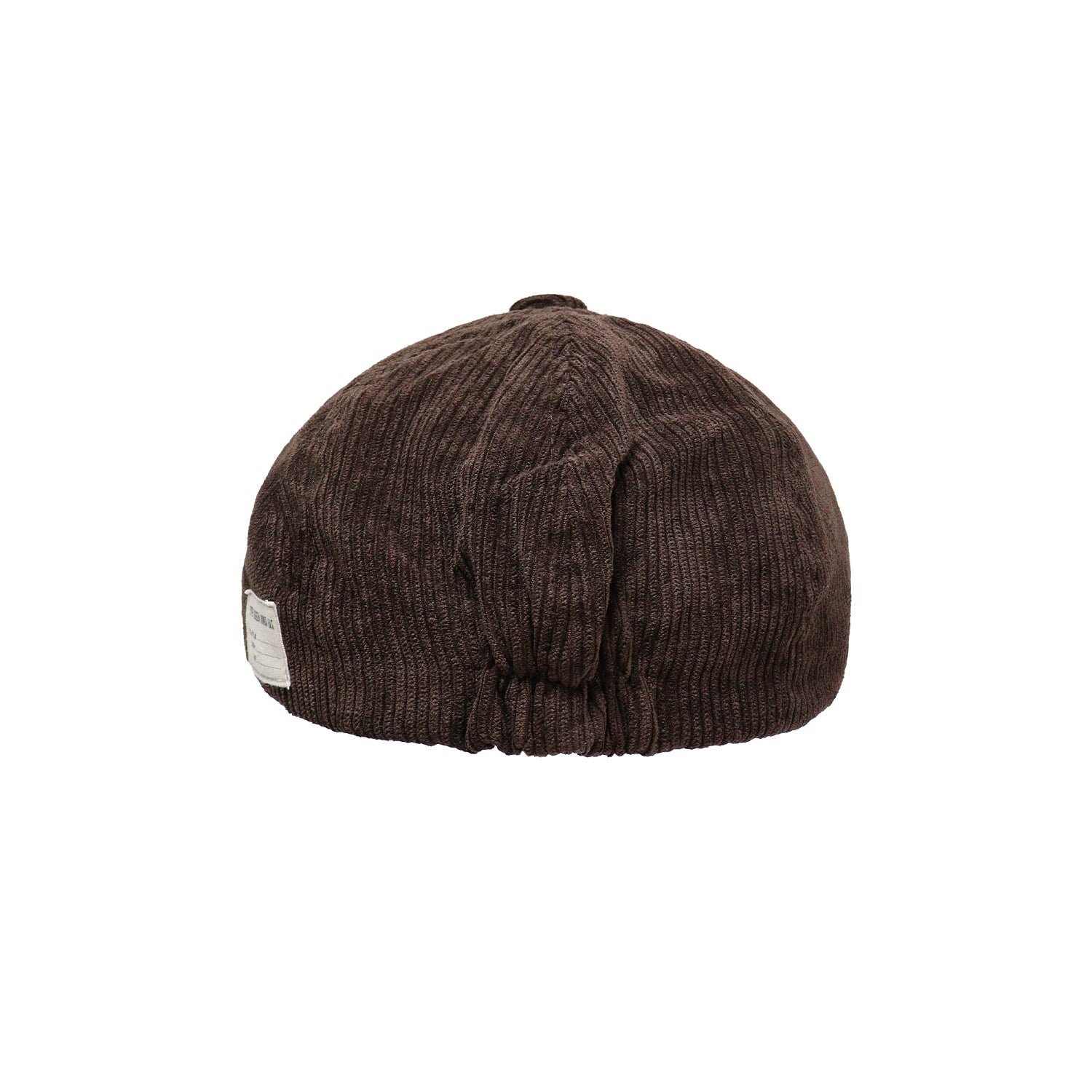 Rear view of a brown newsboy cap with gathered back construction and a small woven side label