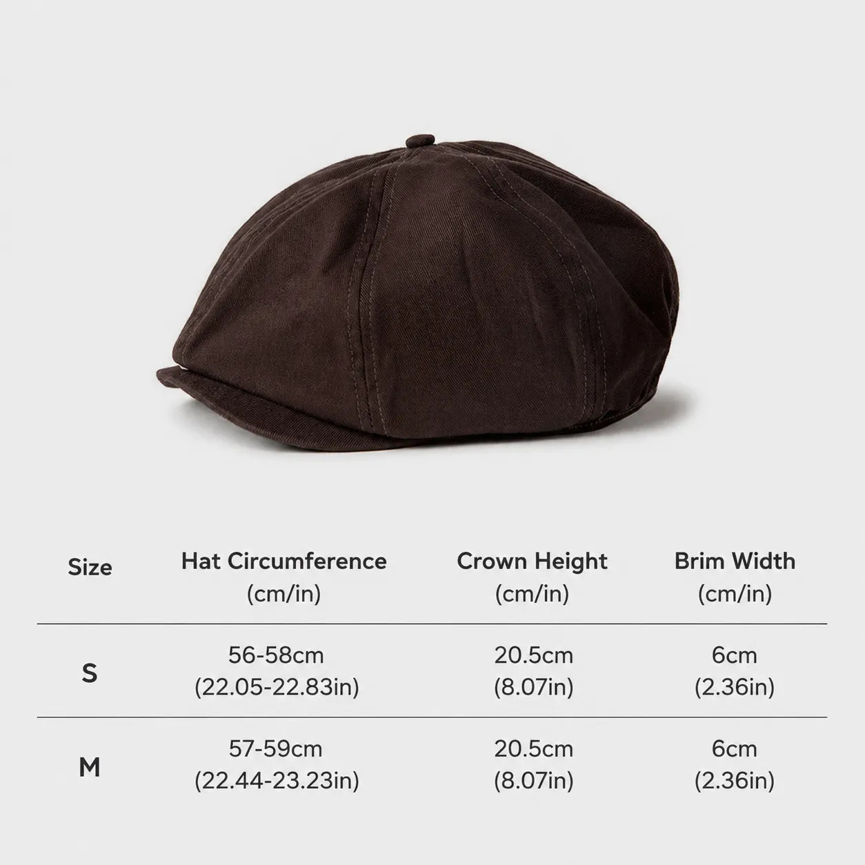 Brown newsboy cap size guide with crown height and brim measurements