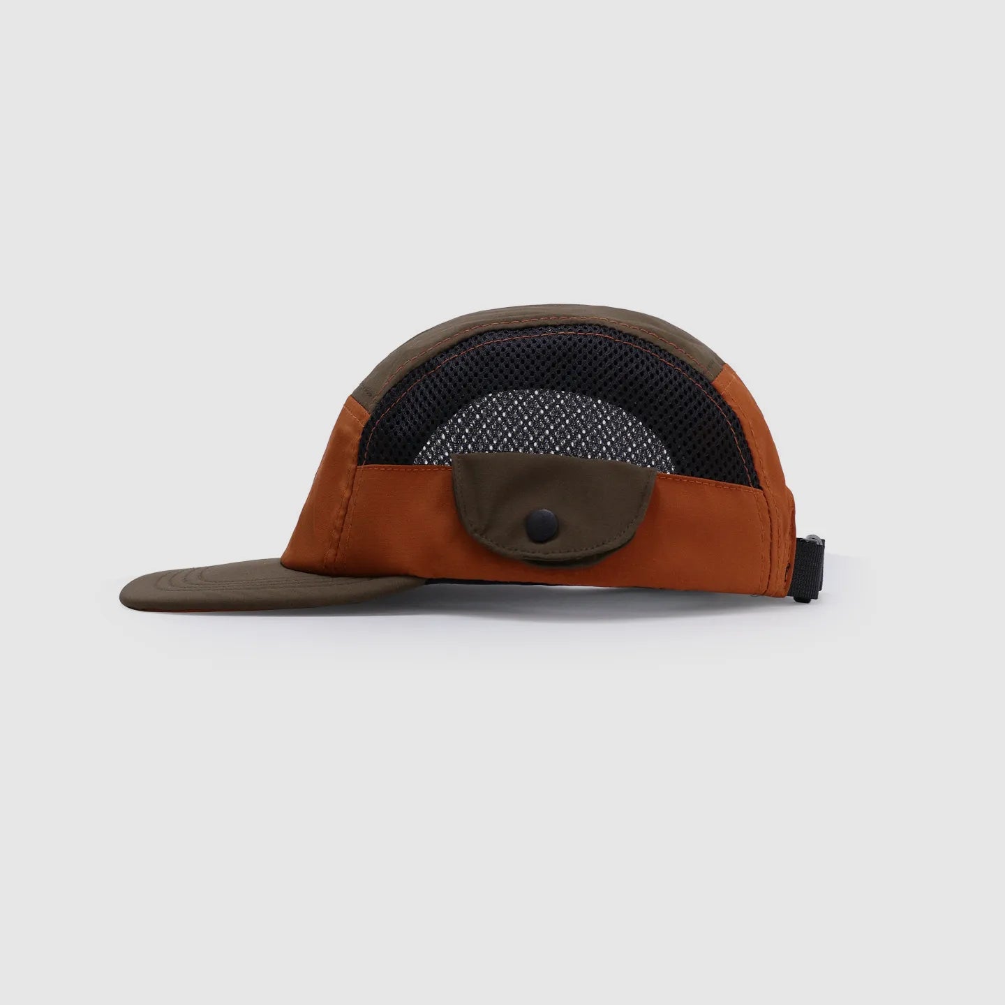 Brown orange 5 panel camp cap with breathable mesh panels and utility side pocket