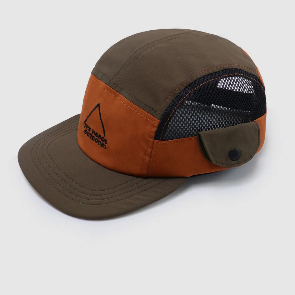 Brown orange polyester hiking cap with side pocket detail and outdoor logo design