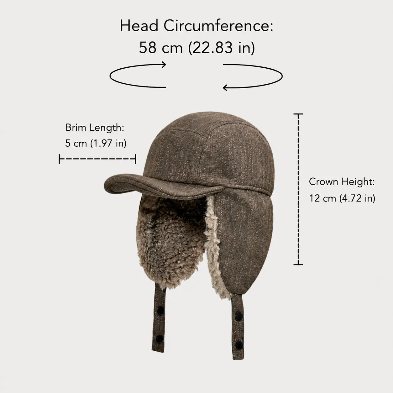 Brown winter trapper hat size guide showing circumference brim length and crown height