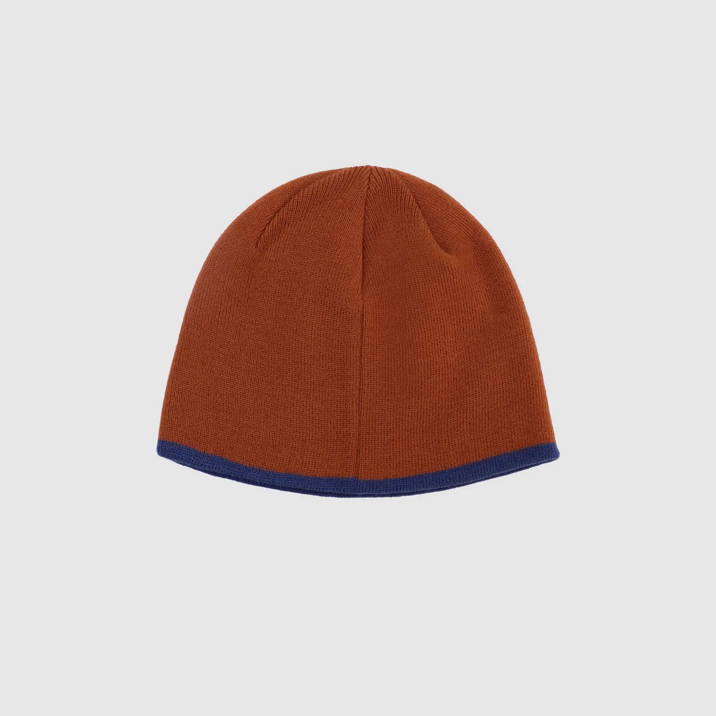 Brown acrylic knit winter beanie with contrast blue trim and classic fitted shape
