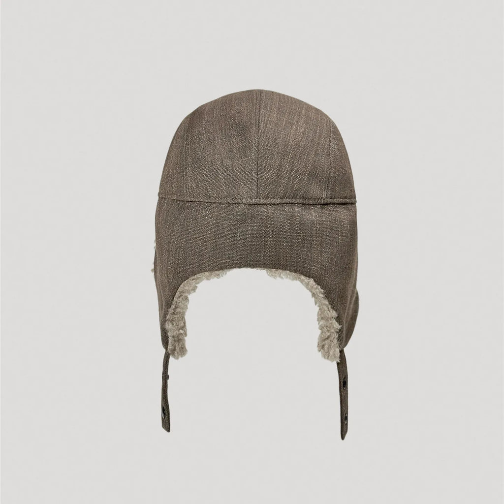 Brown winter hat back view showing extended ear flap coverage