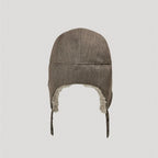 Brown winter hat back view showing extended ear flap coverage