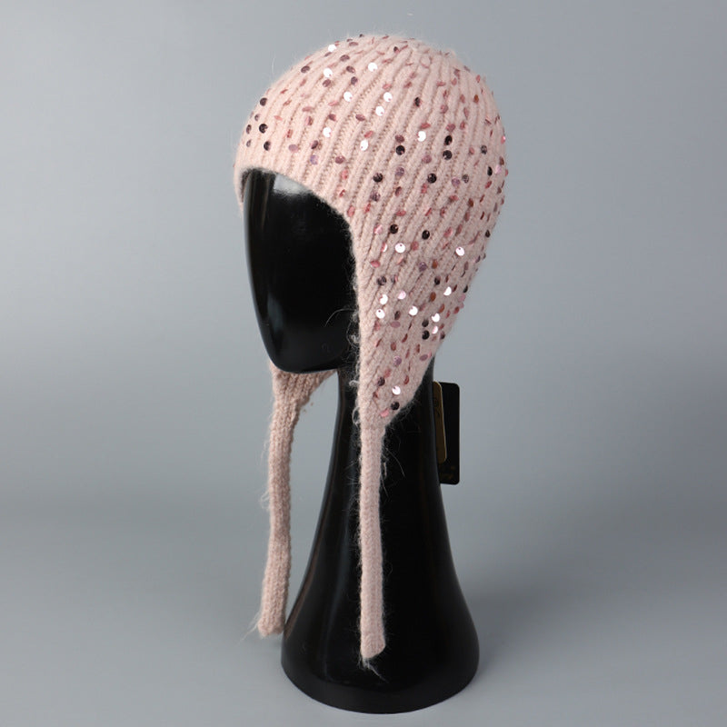 Warm Sequin Rabbit Fur Knitted Hat with Ear Protection