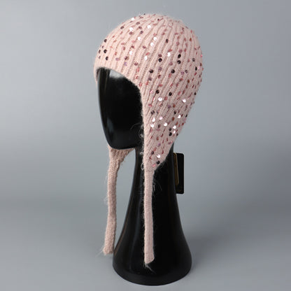 Warm Sequin Rabbit Fur Knitted Hat with Ear Protection