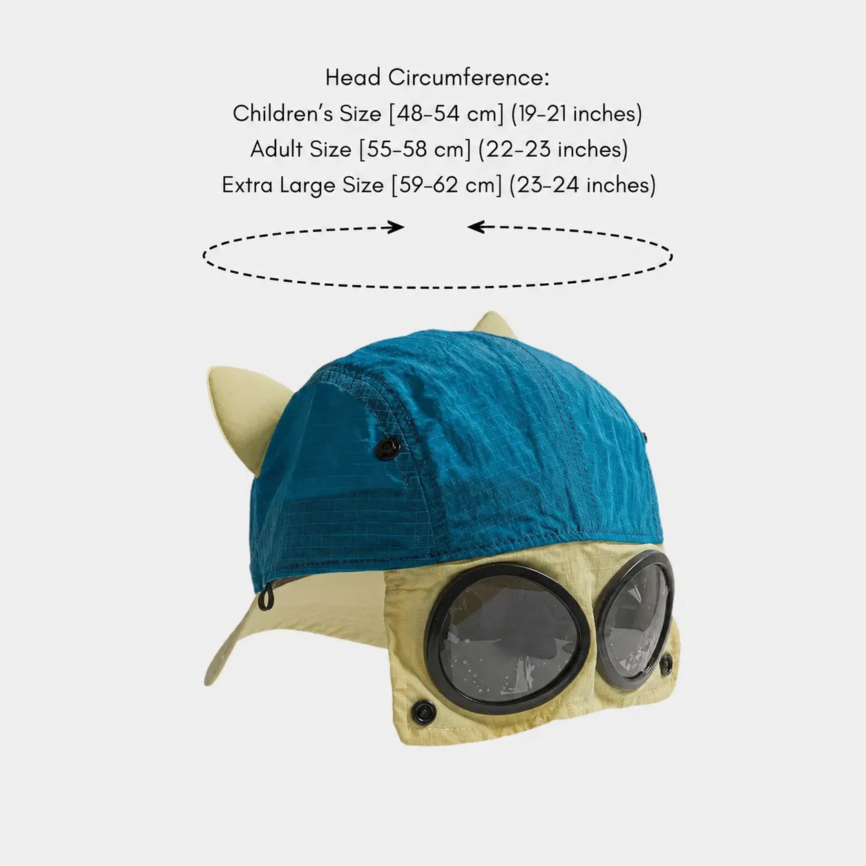 Teal blue polyester cat ear baseball cap size chart for children 48–54 cm, adults 55–58 cm and XL 59–62 cm.