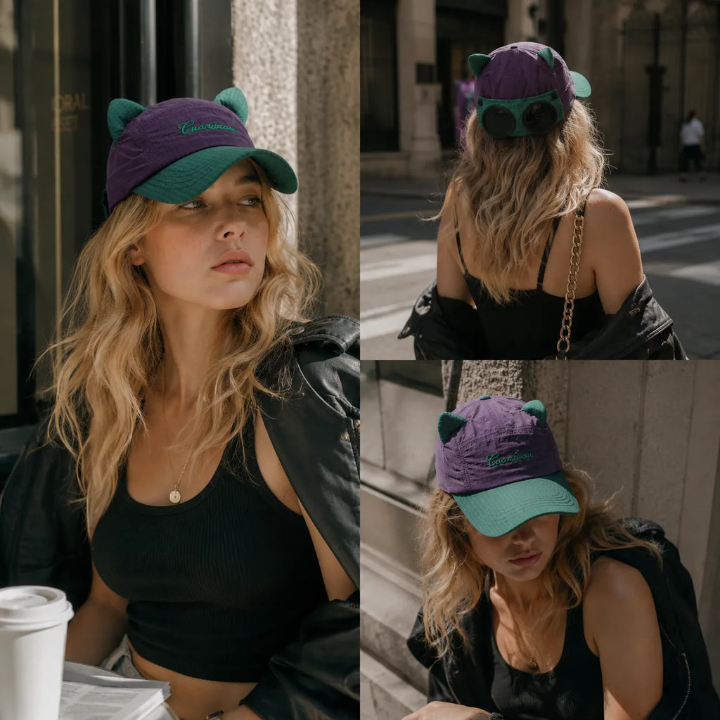 Purple cat ear baseball cap with teal green brim, worn by a female model in front, back and angled street-style views.