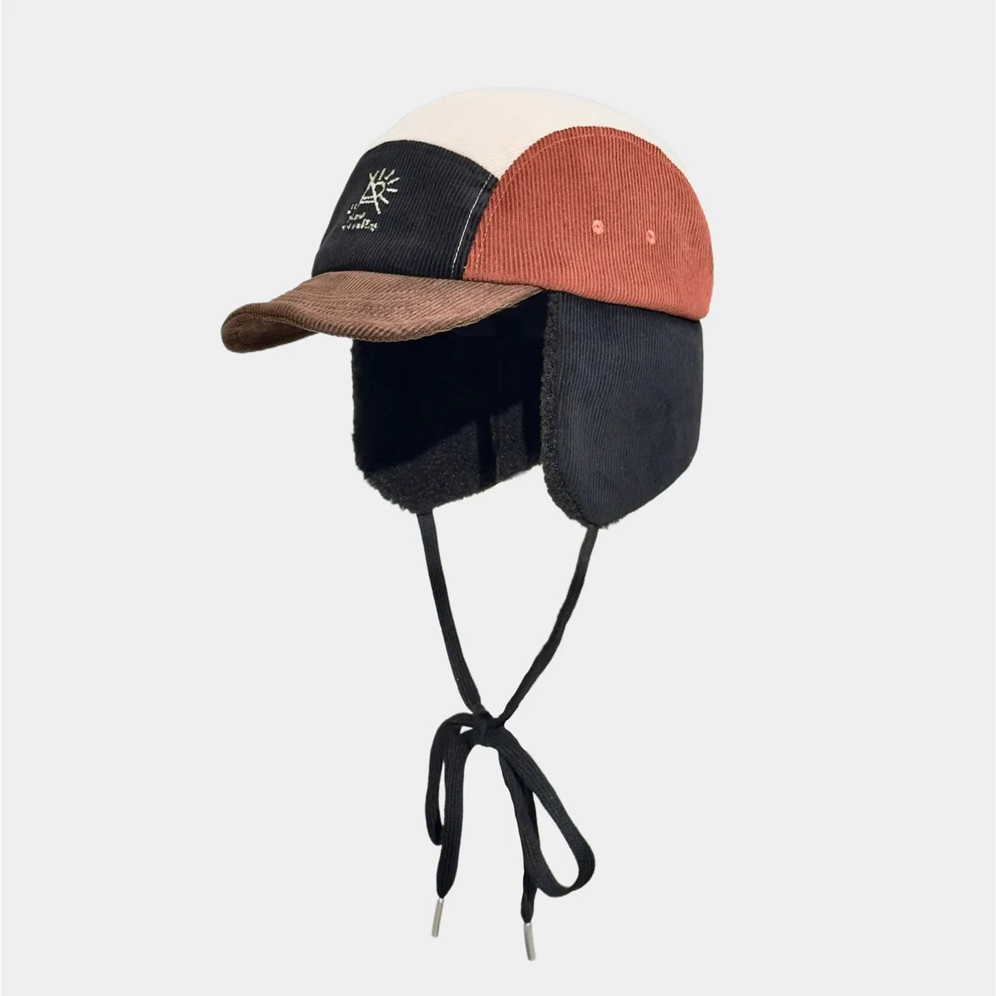 Colour block corduroy ear flap hat with embroidered detail, short brim and retro winter style