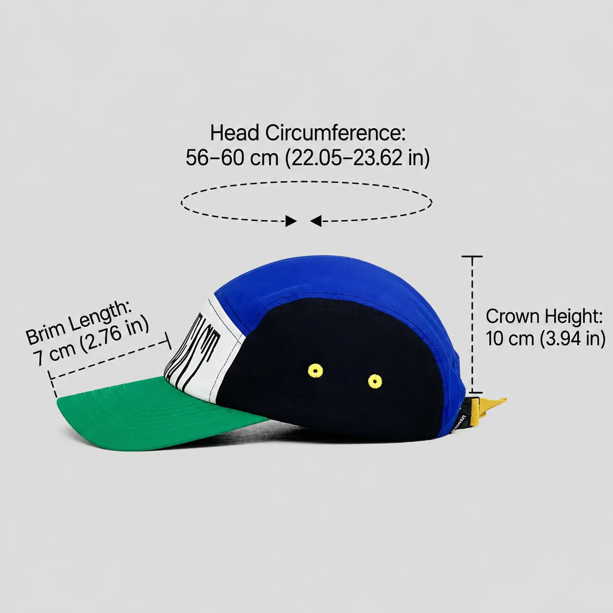 Colour block five panel cap size guide in royal blue, black, white and green with a 56–60 cm fit, 7 cm peak and 10 cm crown