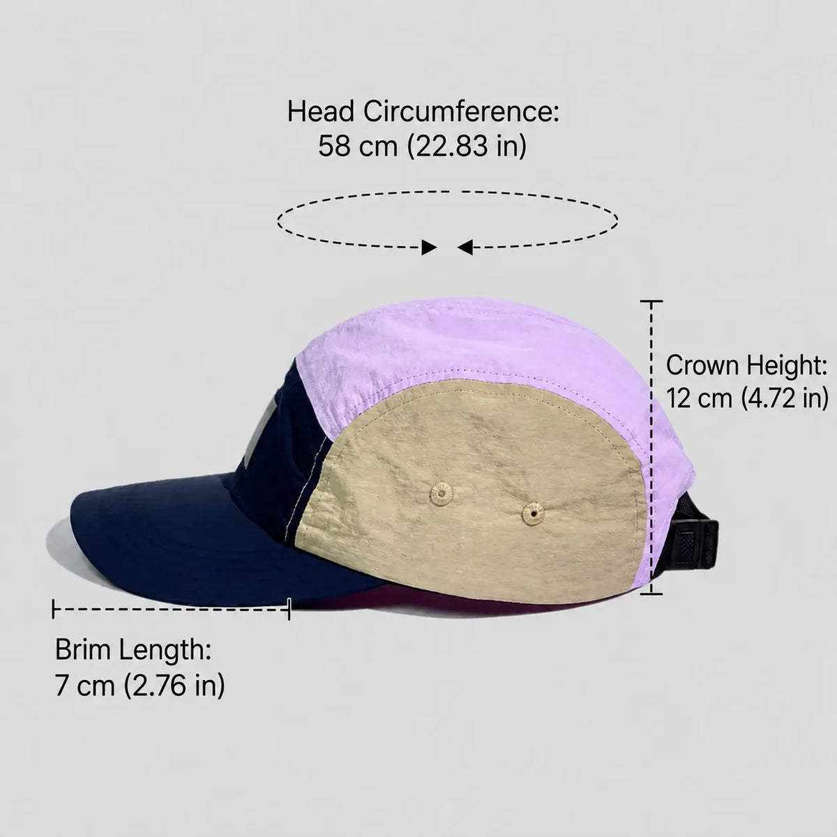 Colour block five panel cap size guide in lilac, beige and navy, with a 58 cm fit, 7 cm brim and 12 cm crown