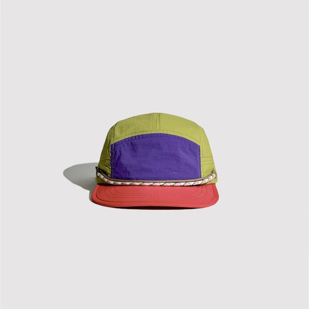 Green and purple 5 panel cap with lightweight nylon construction