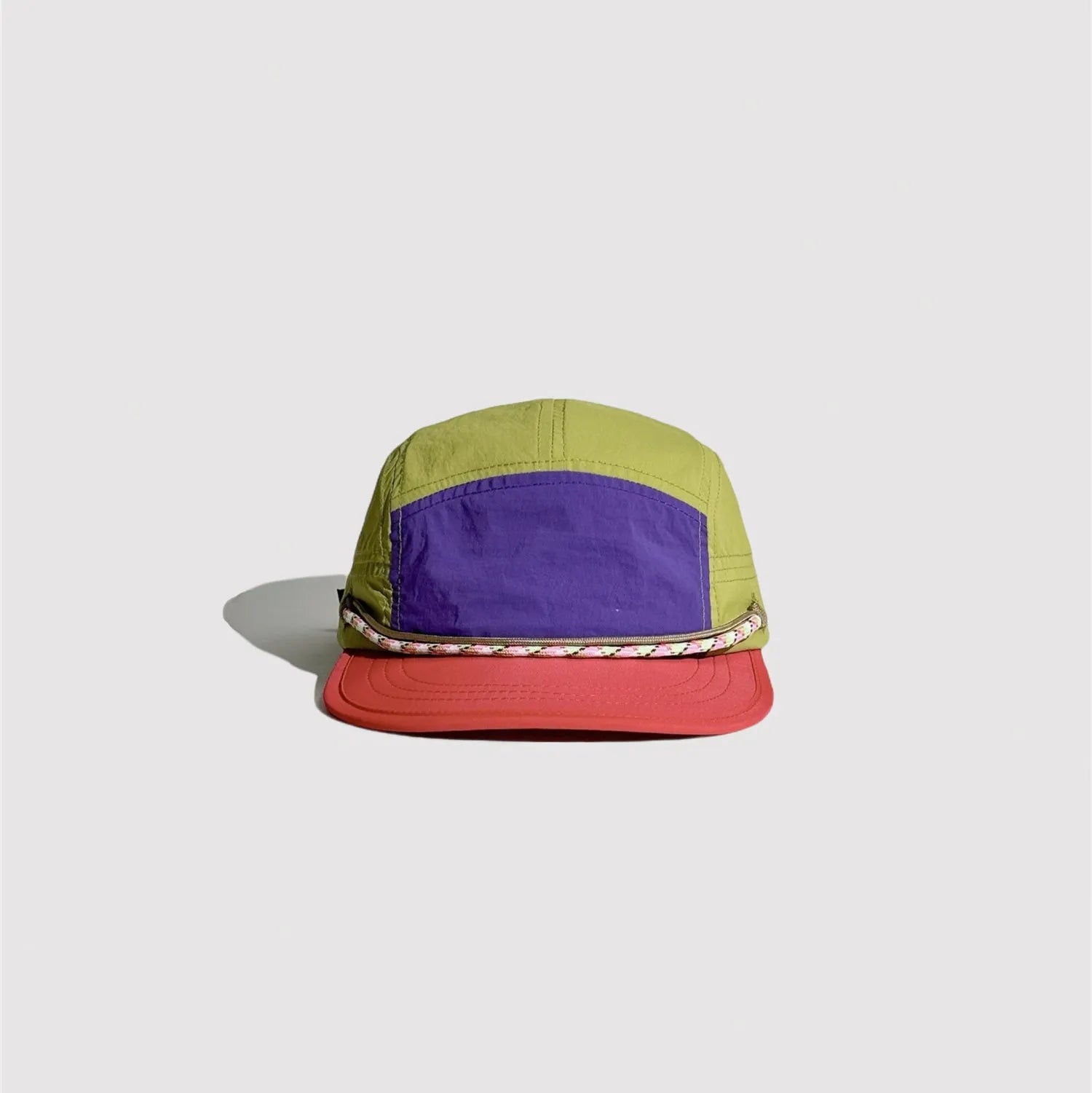 Green and purple 5 panel cap with lightweight nylon construction