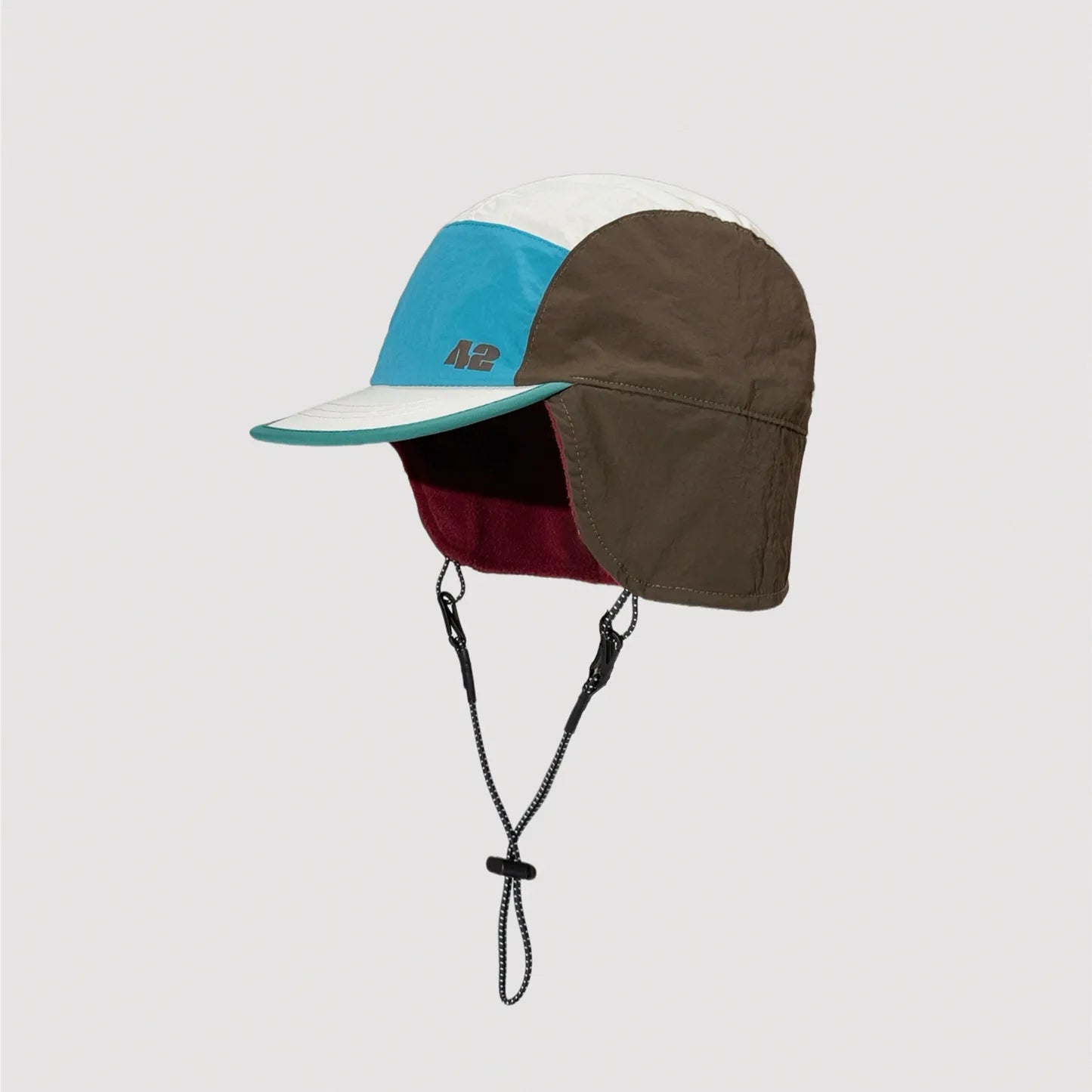 Colour block nylon hiking cap with ear flaps and lightweight outdoor construction