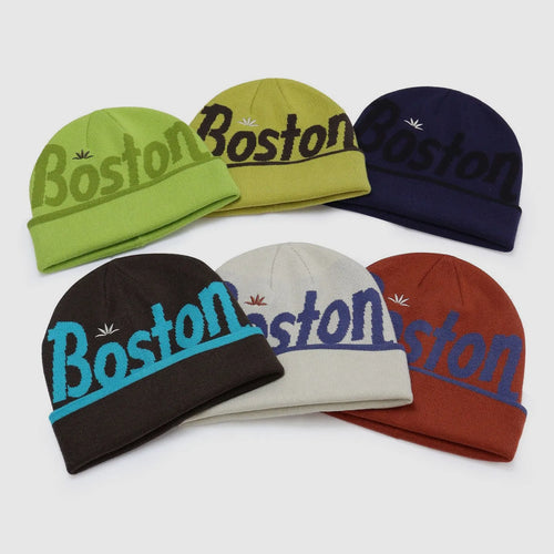 Colourful acrylic beanie collection with Boston graphic pattern and cuffed design