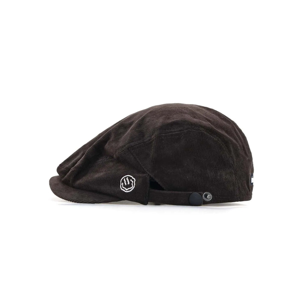 Corduroy duckbill cap in dark brown, opposite side view with white script embroidery and a snap fastening
