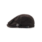 Corduroy duckbill cap in dark brown, opposite side view with white script embroidery and a snap fastening
