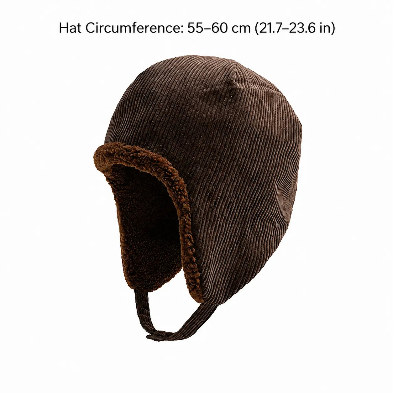 Dark brown corduroy ear flap hat size guide showing a 55–60 cm (21.7–23.6 in) circumference.