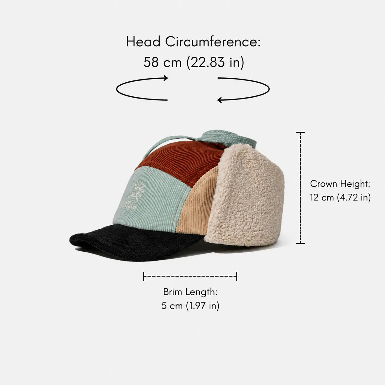 Corduroy trapper hat size guide showing head circumference, crown height and brim length measurements