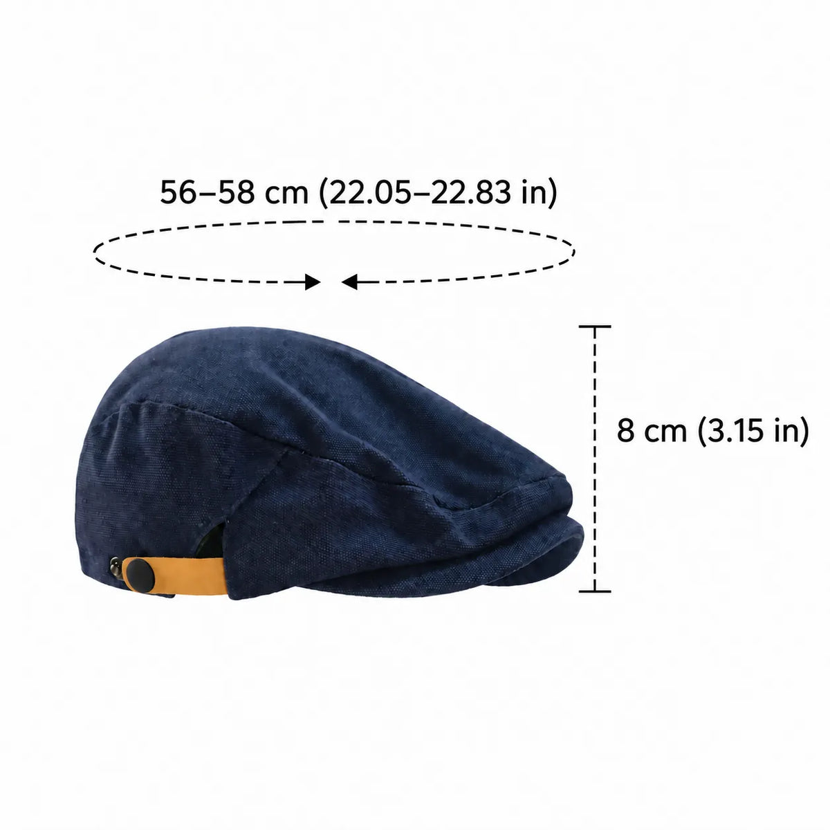 Textured cotton driving cap in navy, shown with a 56–58 cm fit and 8 cm crown depth for a clear size reference