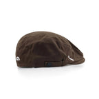 Cotton flat cap in dark brown, side view with a short peak, embroidered lettering and snap-tab adjustment
