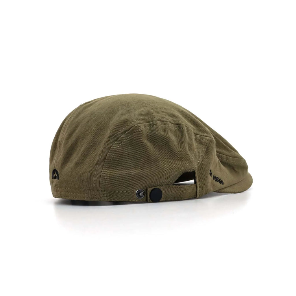 Cotton flat cap in khaki green, side view with a short peak, embroidered lettering and snap-tab adjustment