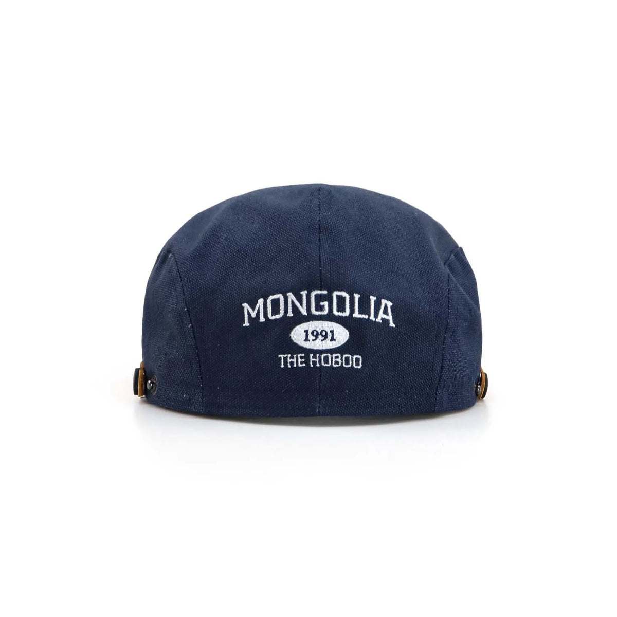 Embroidered flat cap in navy, viewed straight from the back with the MONGOLIA 1991 motif centred across the panelled crown