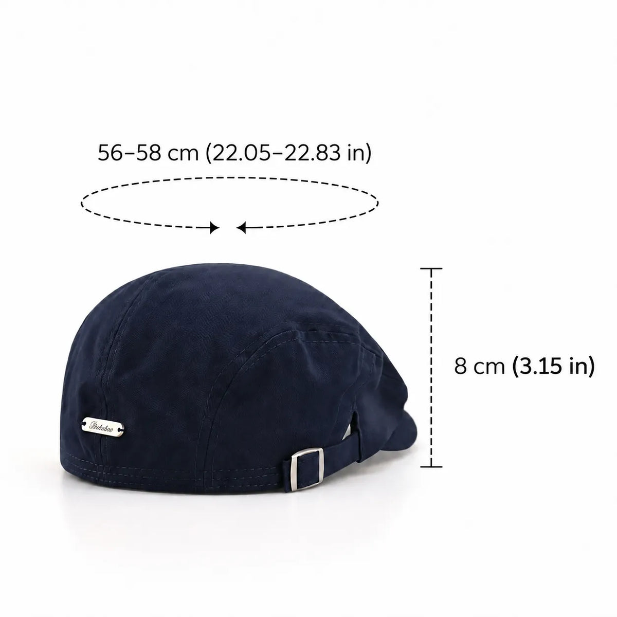 Cotton flat cap size guide in navy, showing a 56–58 cm fit, 8 cm crown, herringbone weave and metal side buckle