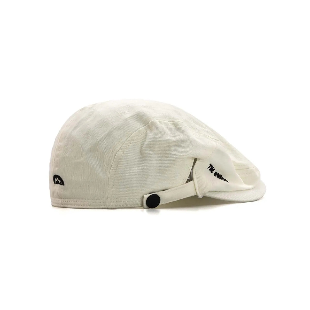 Cotton flat cap in off-white, side view with a short peak, embroidered lettering and snap-tab adjustment