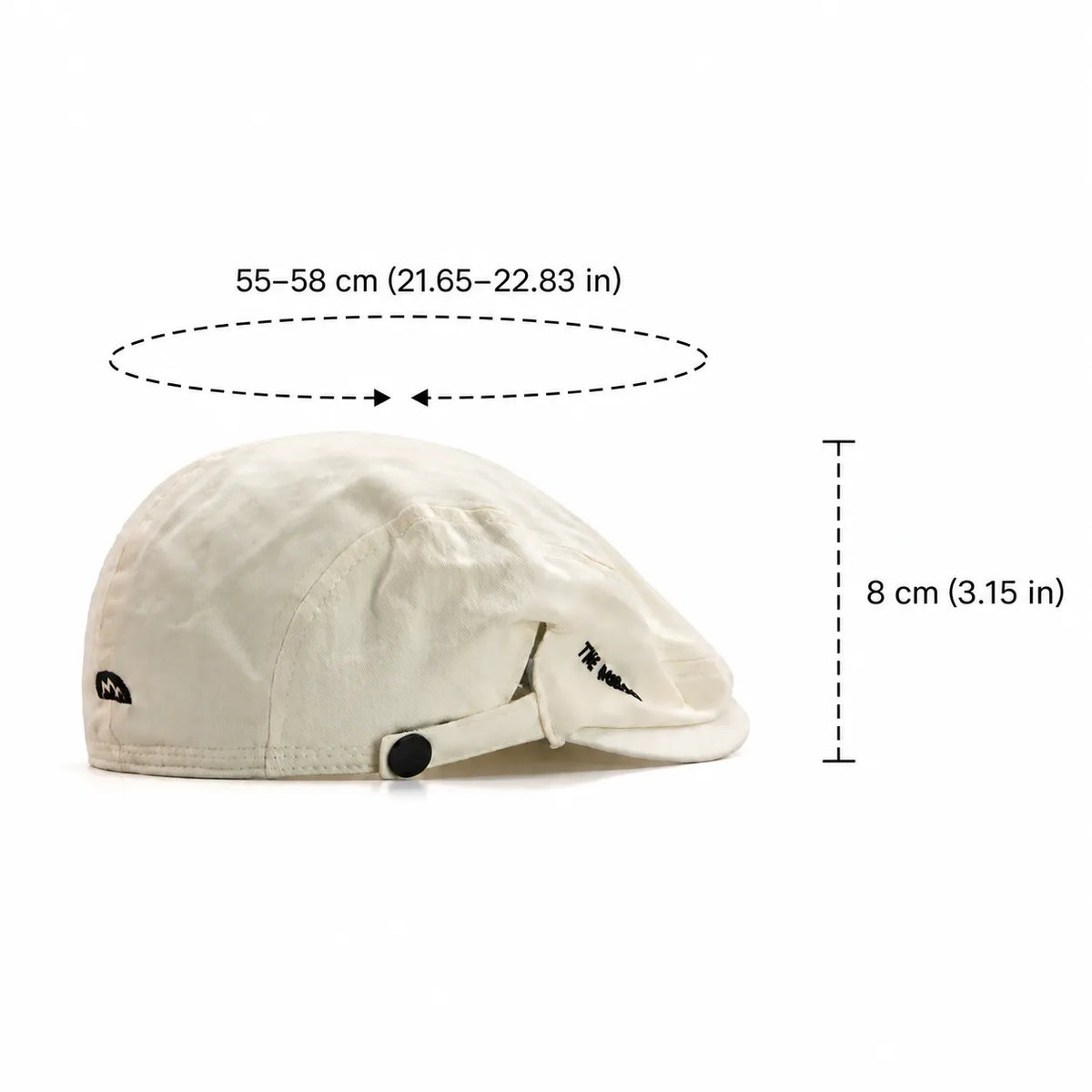 Cotton flat cap size guide in off-white, showing a 55–58 cm fit and an 8 cm low-profile crown