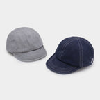 Grey and navy cotton short brim caps with rounded crowns and contrast stitching
