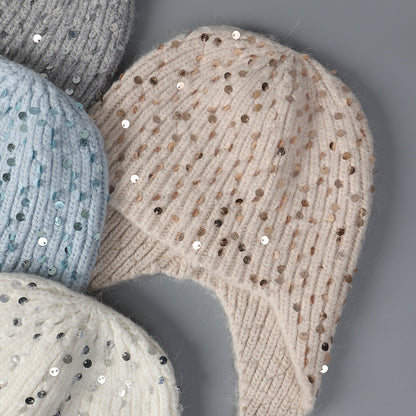 Warm Sequin Rabbit Fur Knitted Hat with Ear Protection