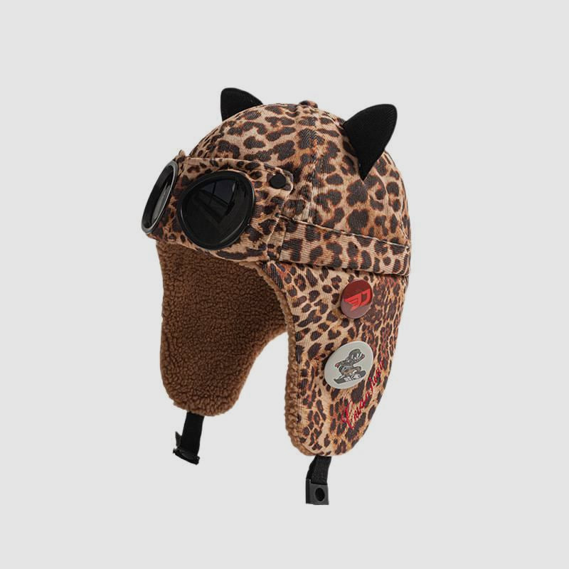 Cat Ear Fleece Lined Ski Aviator Hat With Sunglasses