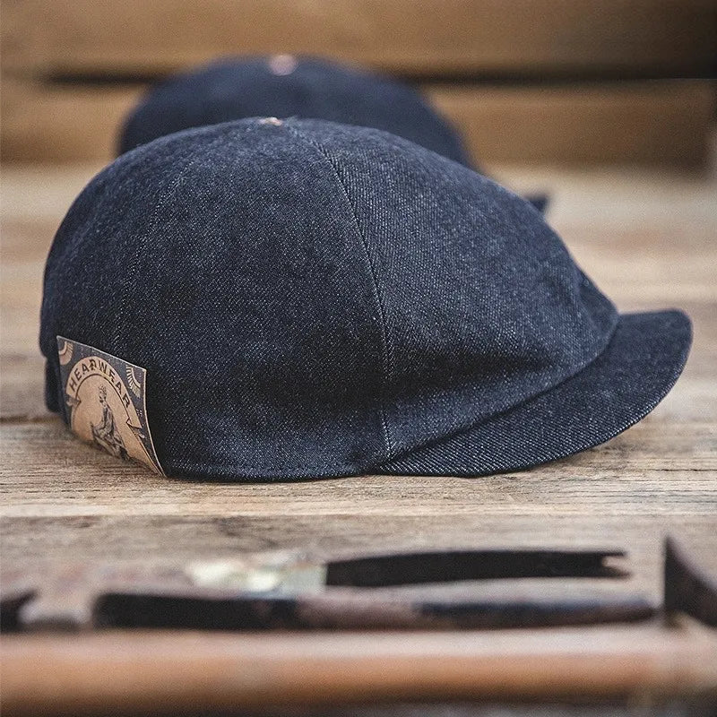 Denim driving cap with curved short brim and refined casual style