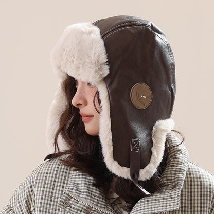 Retro Leather Fleece-Lined Warm Aviator Hat