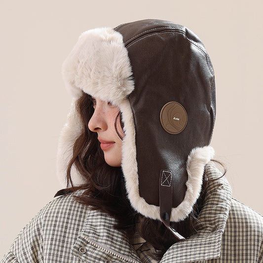 Retro Leather Fleece-Lined Warm Aviator Hat