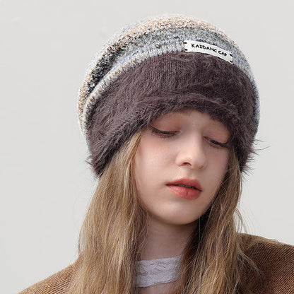 Warm Color Block Striped Fleece Beanie