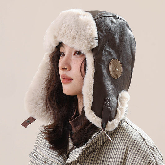 Retro Leather Fleece-Lined Warm Aviator Hat