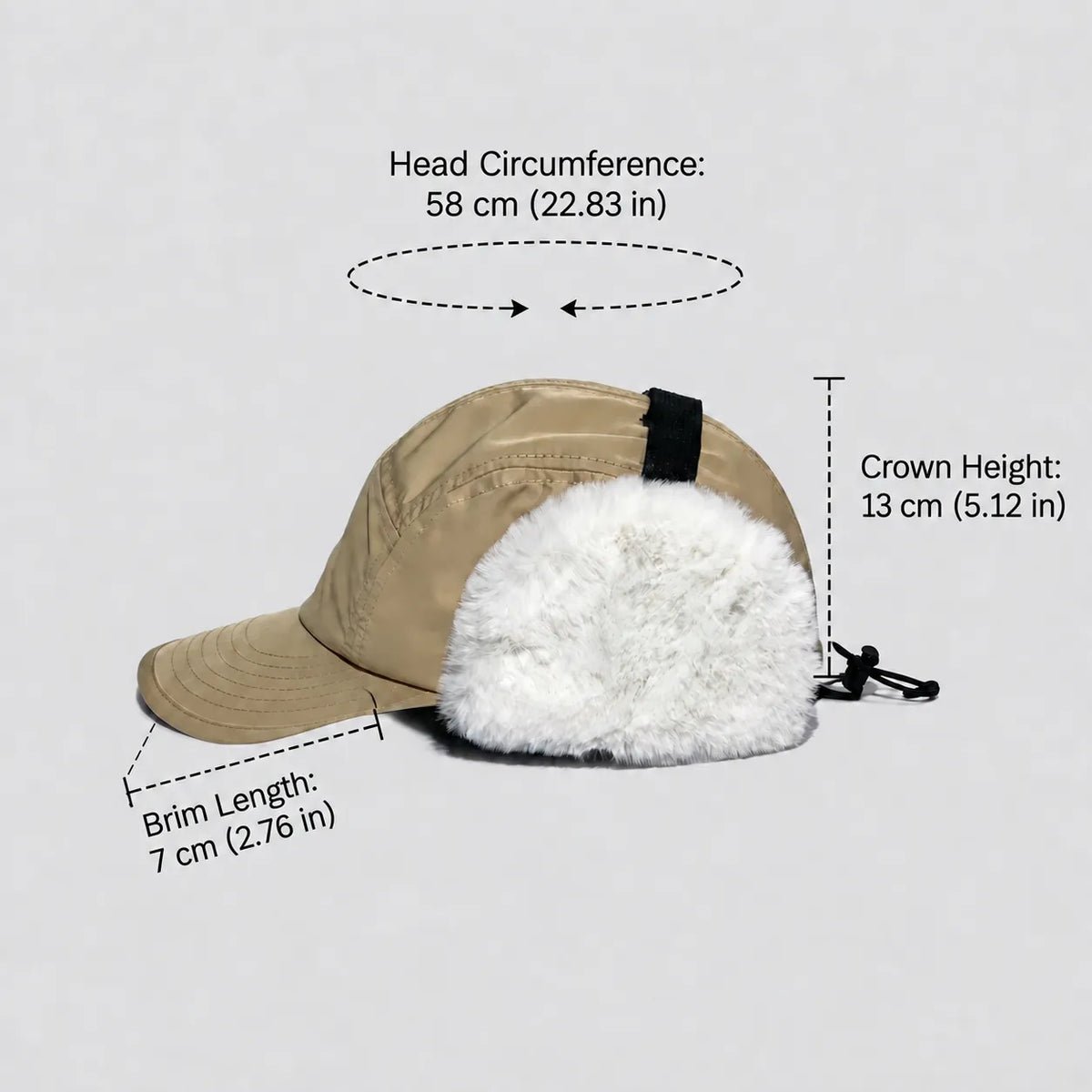 Ear flap baseball cap size guide in khaki, showing a 58 cm fit, 13 cm crown and 7 cm curved peak
