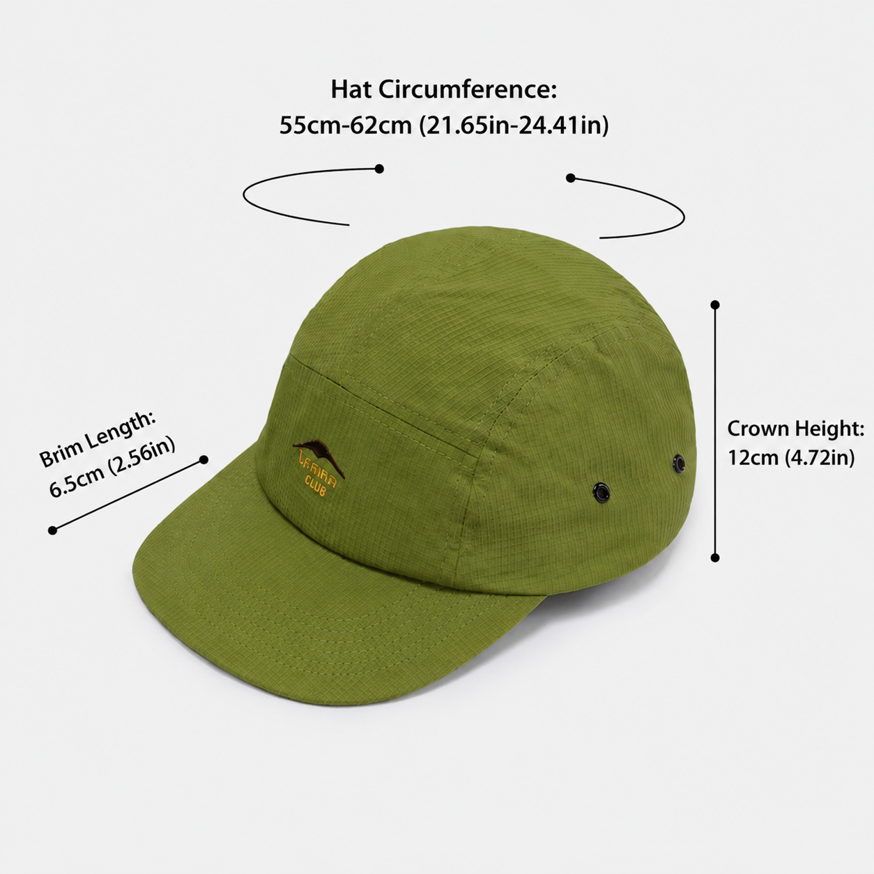 Green five panel cap with side eyelets, 6.5 cm brim, 12 cm crown height and adjustable 55–62 cm circumference