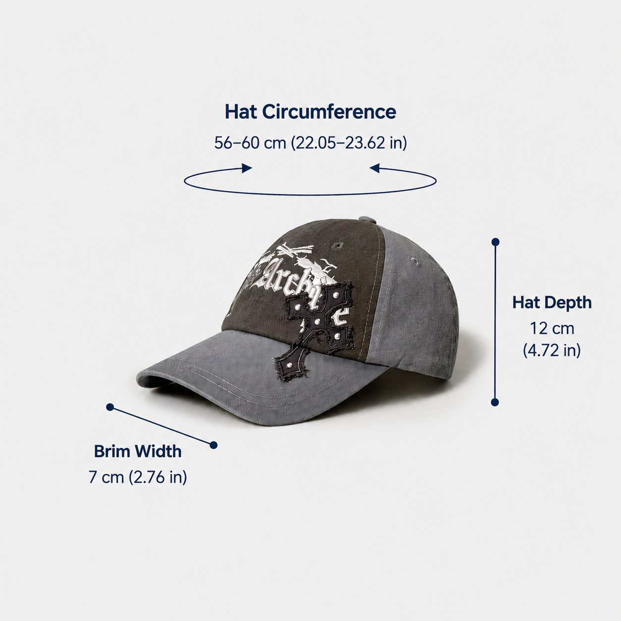 Size guide for a grey embroidered baseball cap showing a 56–60 cm hat circumference, 12 cm hat depth and 7 cm brim width.